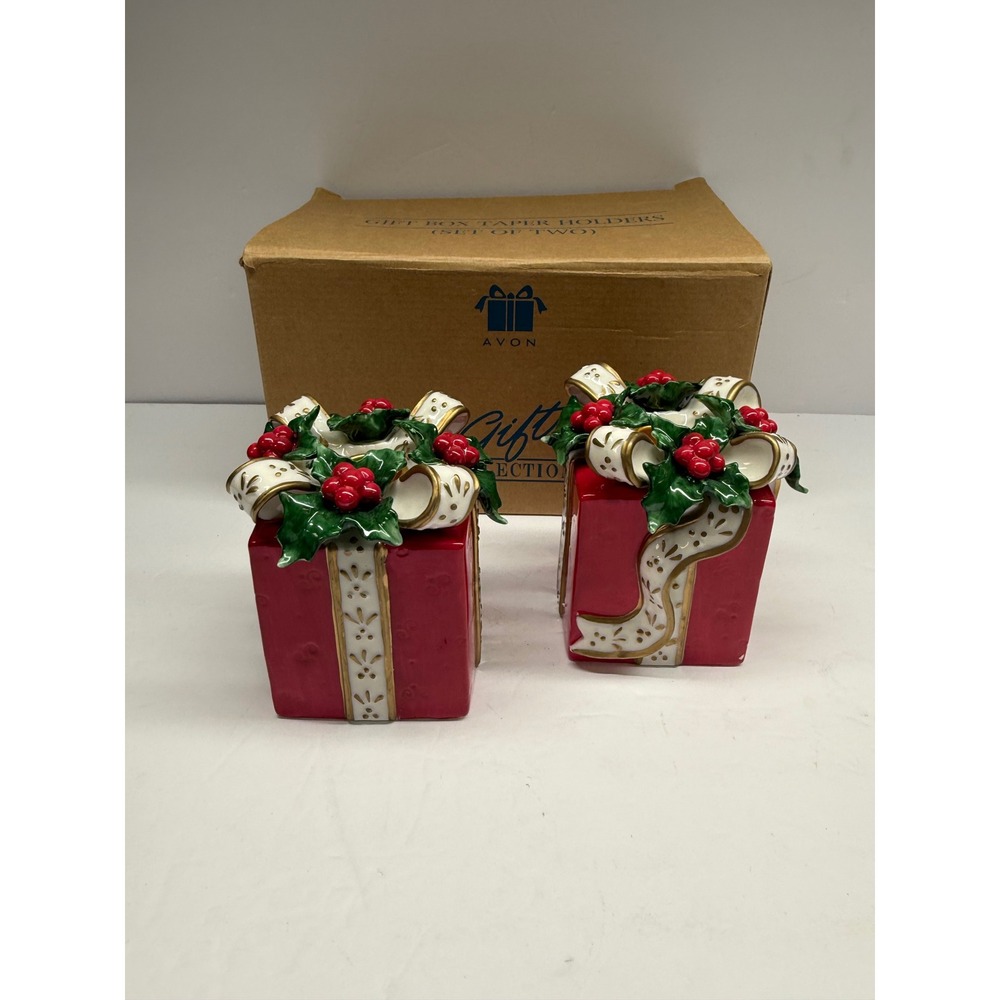 Avon Gift Collection Christmas Gift Box Taper Candle Holders Set of 2 Red Holly